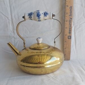 Vintage Holland Antique Brass Tea Pot Kettle Delft Porcelain Handle Hand Painted
